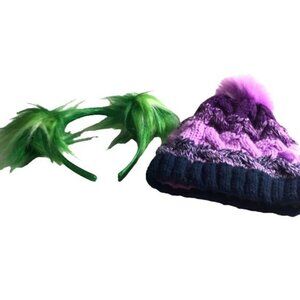 Girls Beanie & Headband Purple/Blue/Green One Size